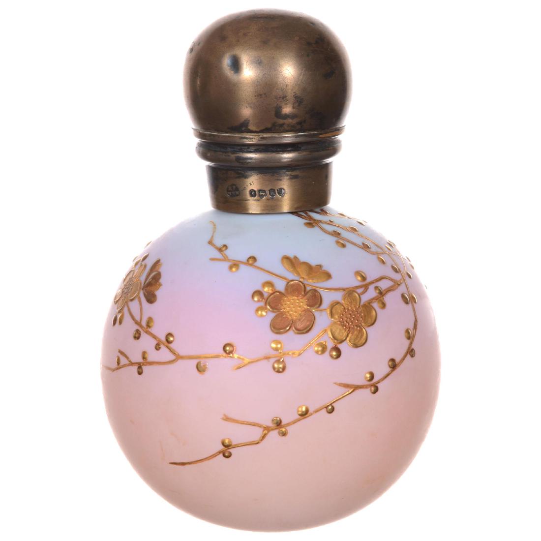 Burmese Cologne Bottle by Thomas Webb & Sons: Burmese Cologne Bottle by Thomas Webb & Sons 5" - Beautiful Burmese Shading from Blue to Pink to Yellow - Butterfly and Floral Decor - Silver Screw-Off Lid