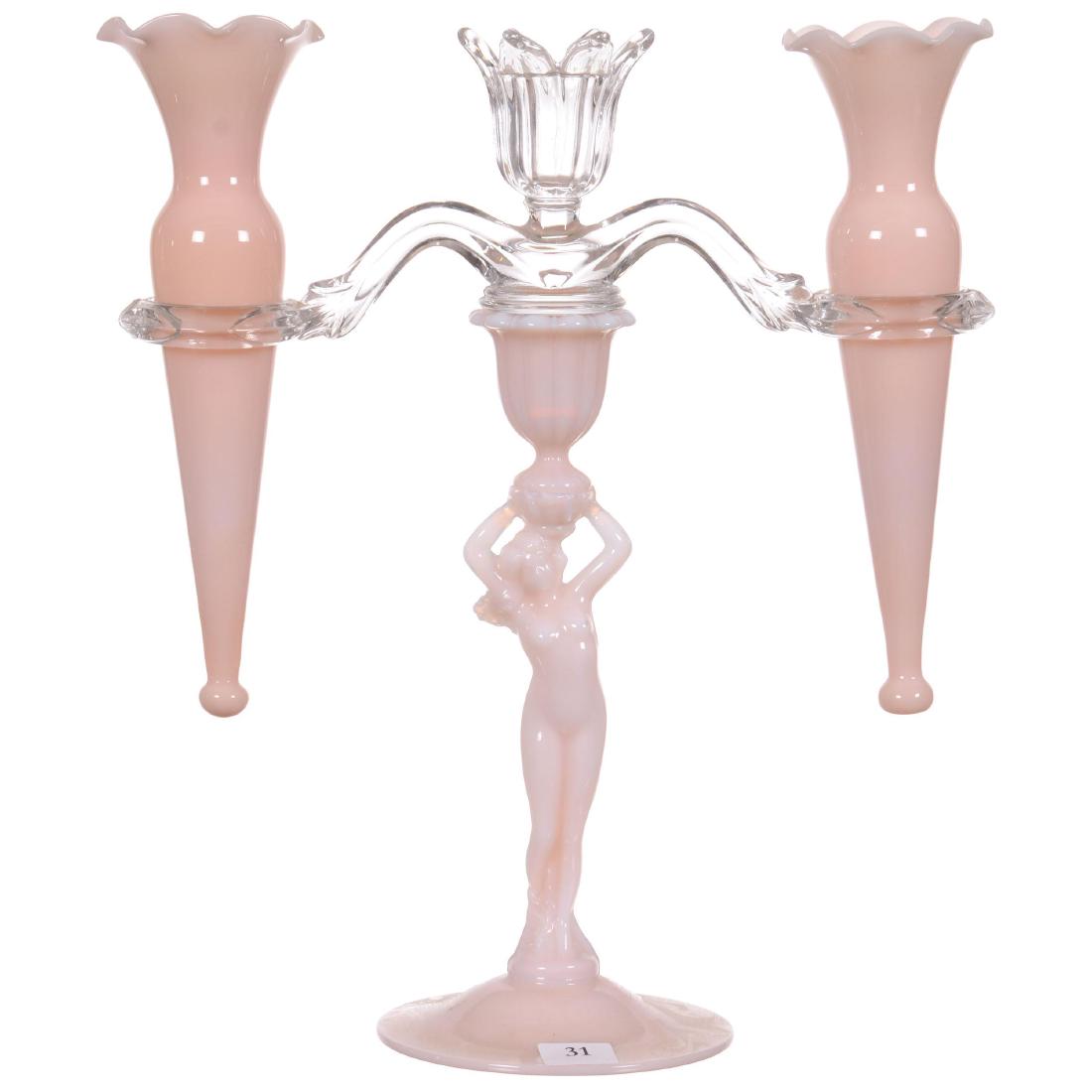 Cambridge Crown Tuscan Double Bud Vase and Candle Holde: Cambridge Crown Tuscan Double Bud Vase and Candle Holders 12" X 10.5" - Two Removable Bud Vases with Clear Stem Holder - Full Figural Nude Stem