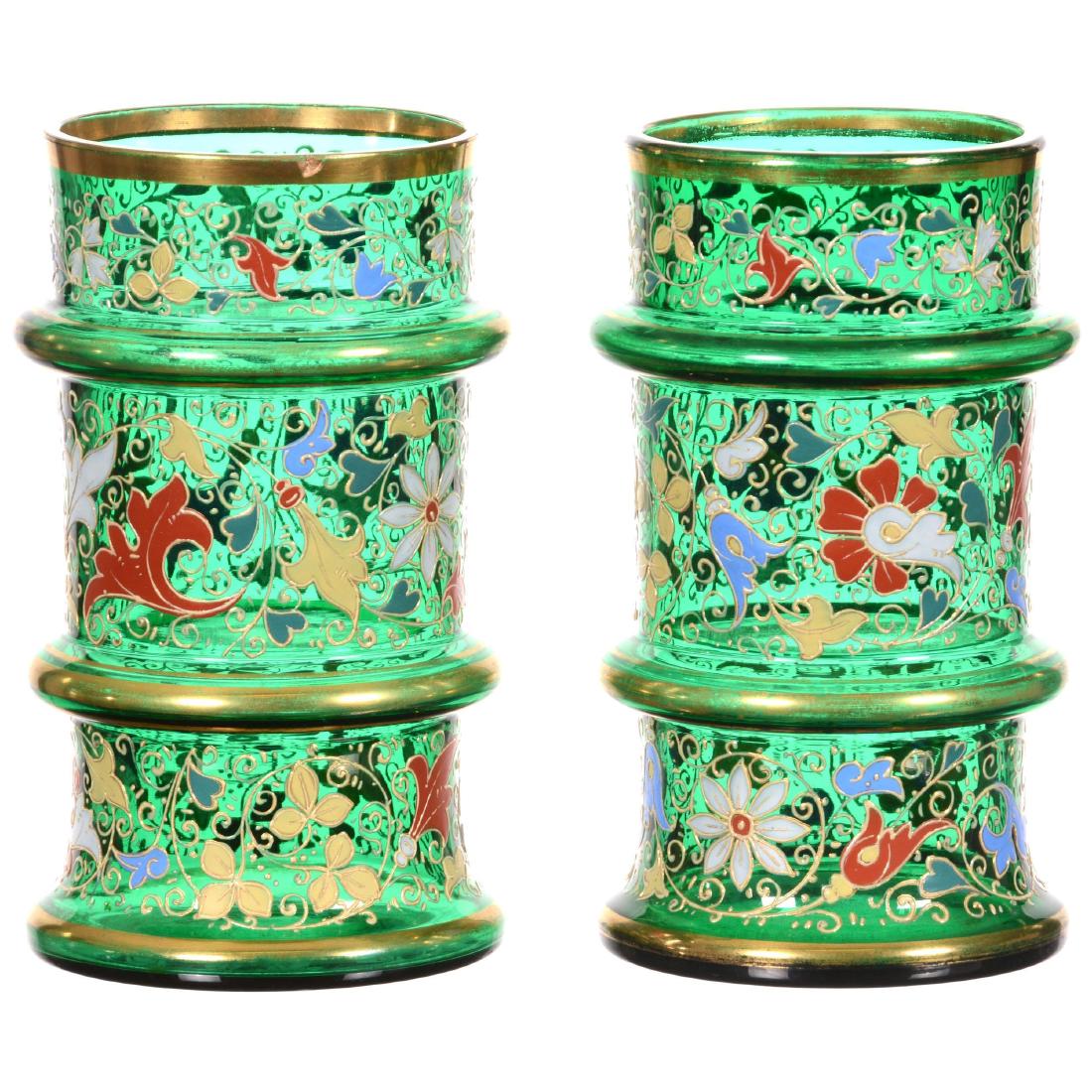 Pair Emerald Green Art Glass Cylinder Vases (1 of 3)