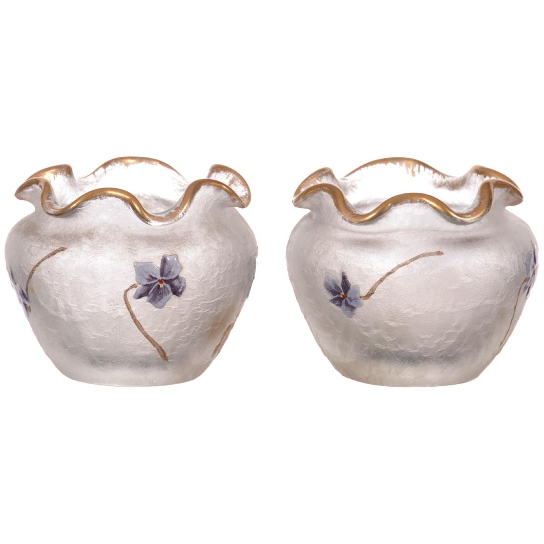 Pair Unmarked Mt. Joye Small Art Glass Vases (1 of 2)