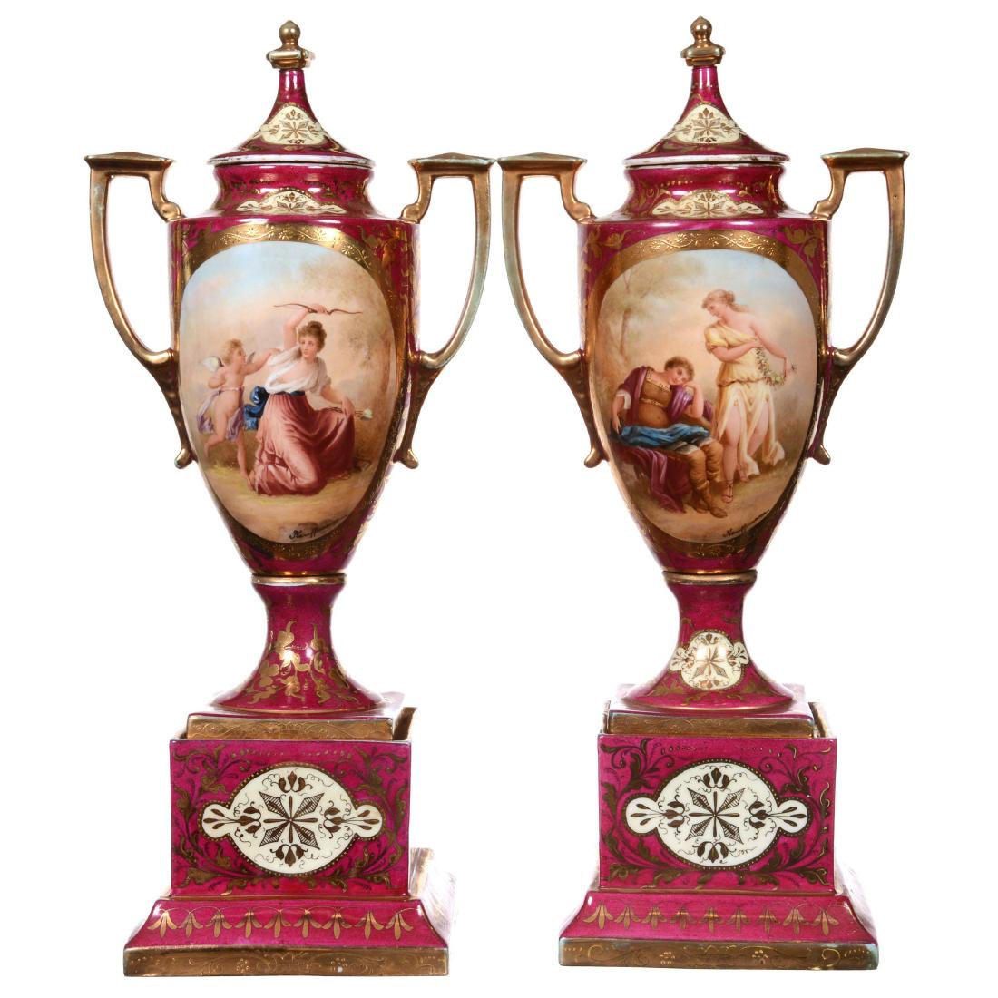 Pair Marked Beehive Pedestal Covered Urns (1 of 7)