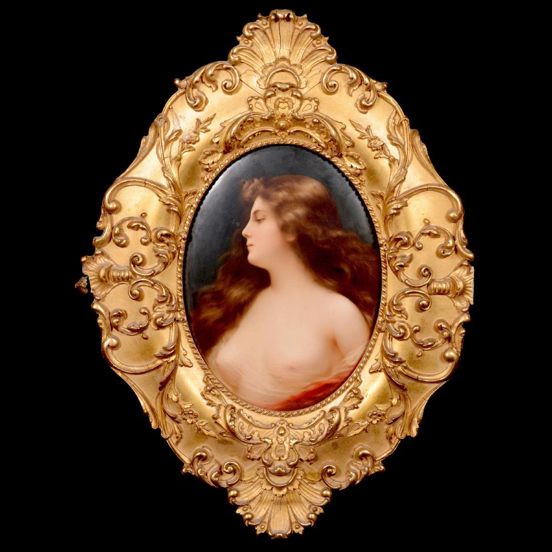 KPM Porcelain Plaque: KPM Porcelain Plaque 8.75" Oval - Portrait of Young Nude - Dark Green Background - No Artist Signature Visible - Titled "Erbluht" (Coming into Blossom) - Set in Original 17" X 12.5" Gilt Wooden Frame