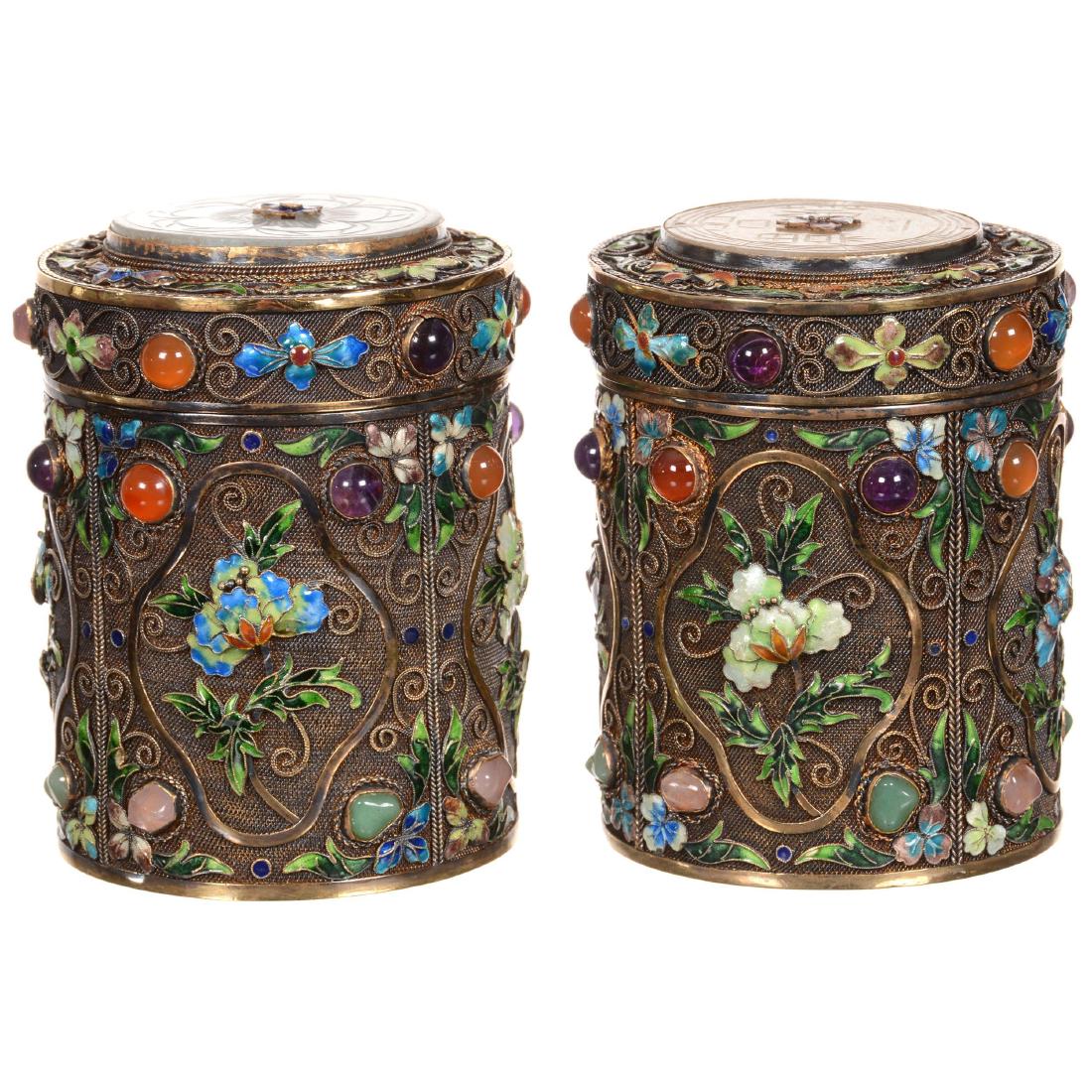 Pair of Chinese Enameled Gilded Silver Jars (1 of 3)