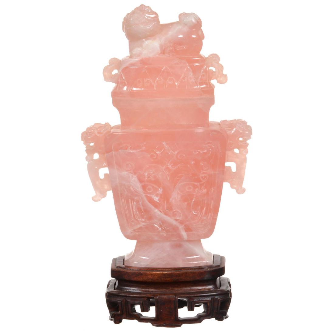 Chinese Rose Quartz Covered Urn on Teak Wood Base (1 of 4)
