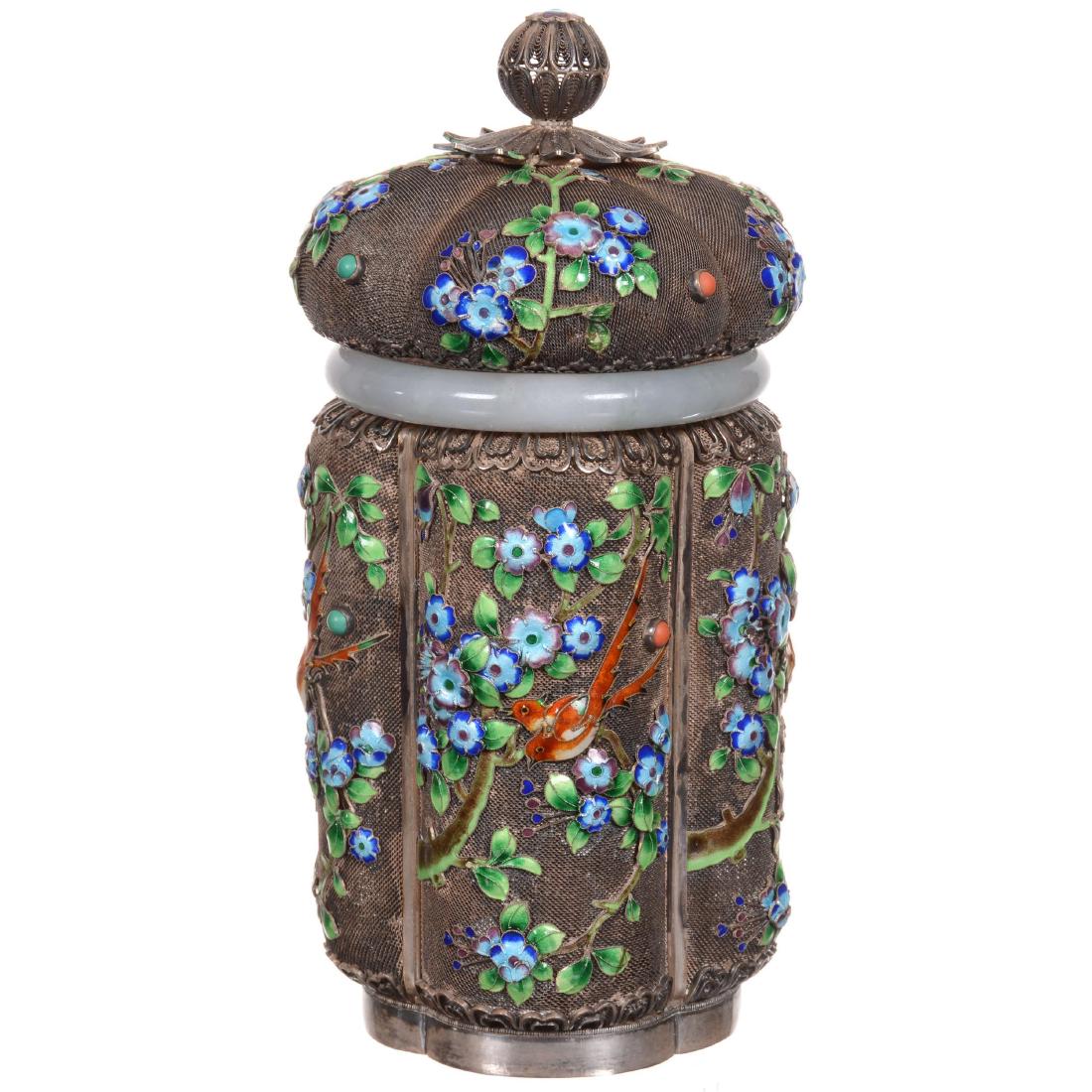 Chinese Enameled Silver Tea Caddy with Jade Collar (1 of 4)