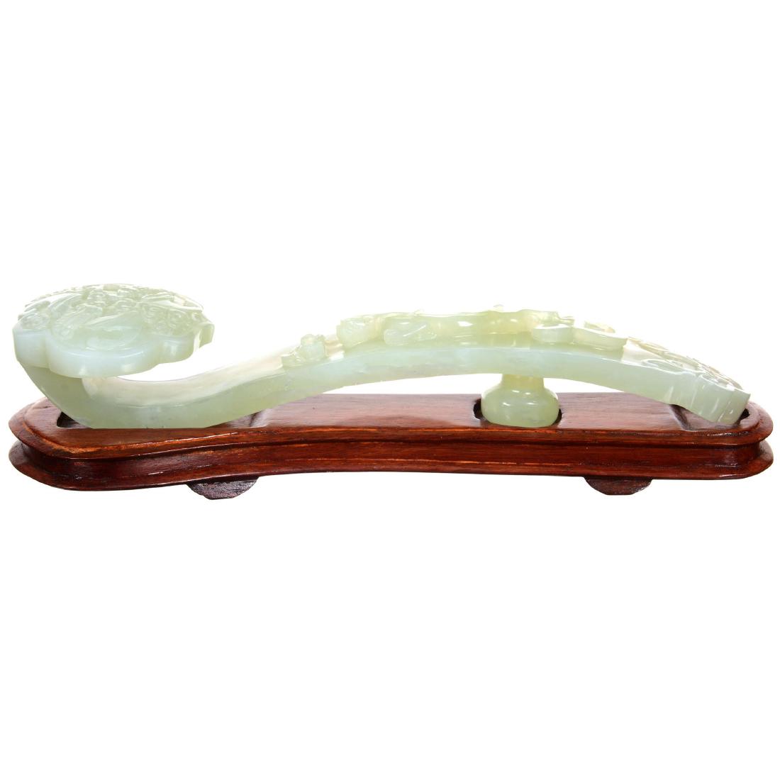 Chinese Carved Green Jade Sceptre On Teakwood Stand: Chinese Carved Green Jade Sceptre On Teakwood Stand 9.75" - Design Incorporating Dragon and Bats - Original Silk Lined Box