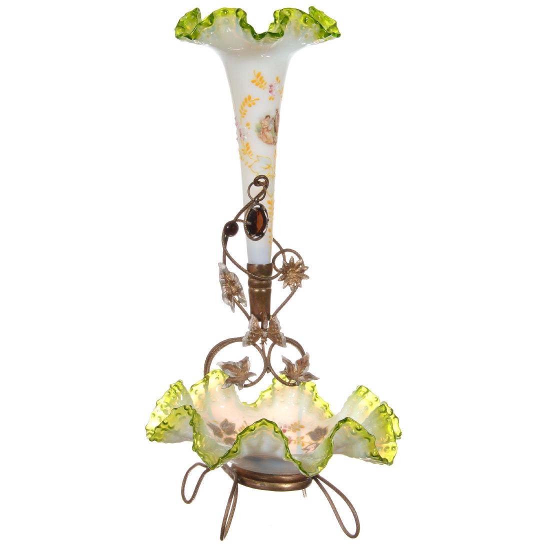 Small Art Glass Epergne and Bowl Set: Small Art Glass Epergne and Bowl Set 14" X 7" - Decorated White Opaque Bowl and Trumpet Vase with Green Glass Trim - Set on Gilt Metal Frame