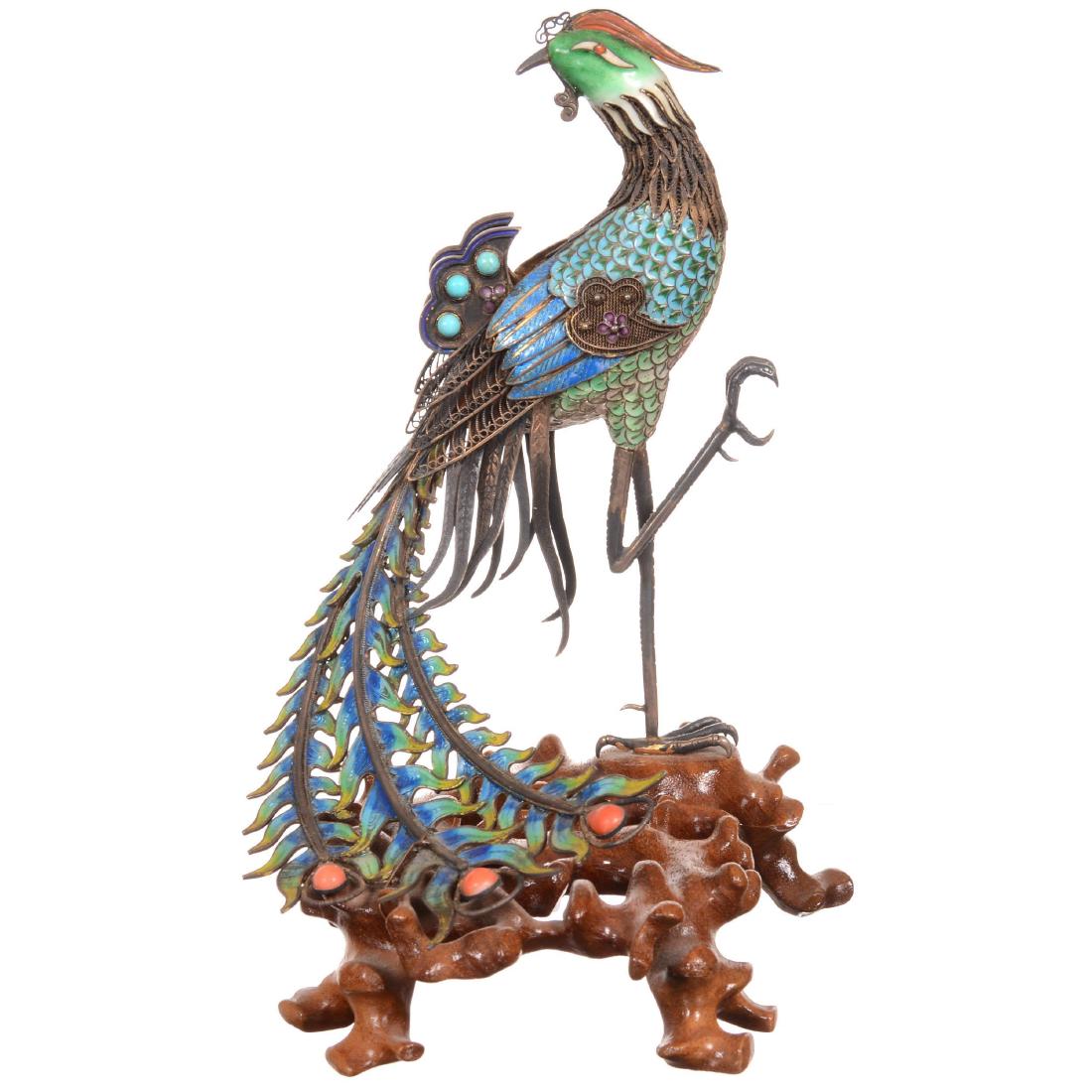 Chinese Silver & Enamel Figural Peacock on Teakwood Sta (1 of 3)