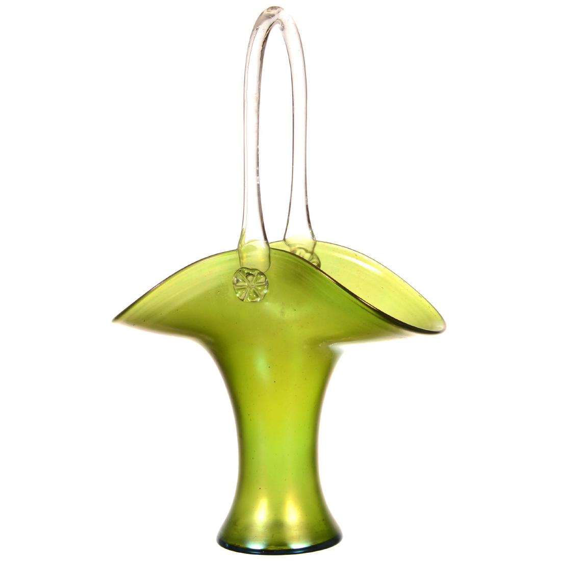 Art Glass Basket: Art Glass Basket 16" X 10" - Iridescent Green with Clear Applied Handle - Loetz Style