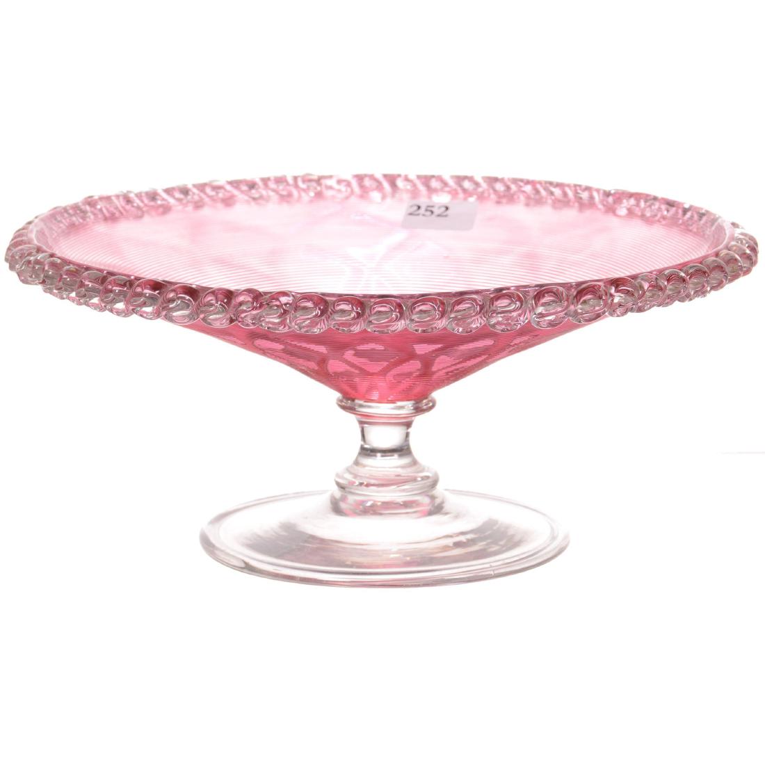 Art Glass Compote: Art Glass Compote 3.5" X 8" - Clear Body with Applied Pink Threaded Overlay - Attributed to Stevens And Williams