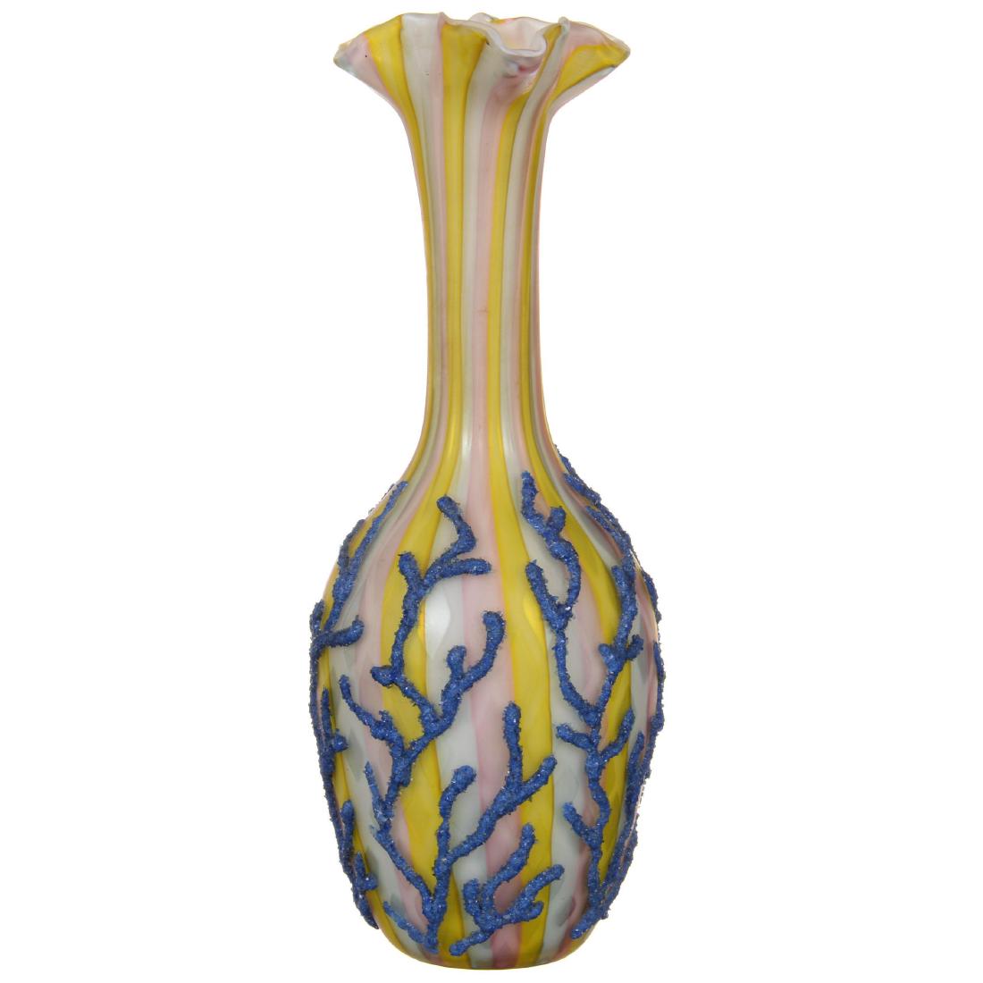 Mother of Pearl Rainbow Satin Art Glass Vase: Mother of Pearl Rainbow Satin Art Glass Vase Heavy Blue Coralene Overlay - Hard to See Rim Crack