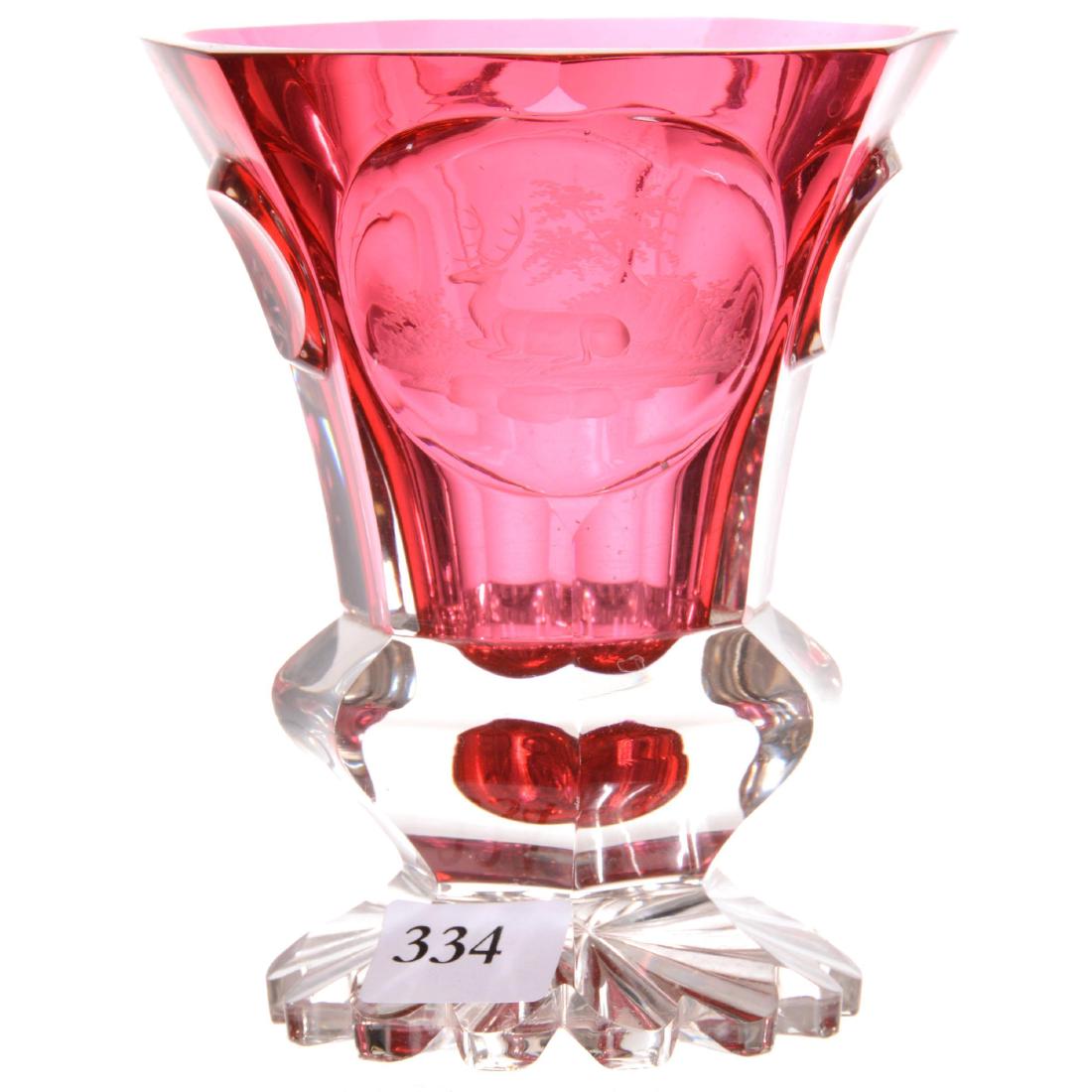 Bohemian Cased Cranberry Art Glass Beaker: Bohemian Cased Cranberry Art Glass Beaker 4.5" - Seven-Sided with Six Optic Medallions - Largest Medallion Engraved With Stag Motif