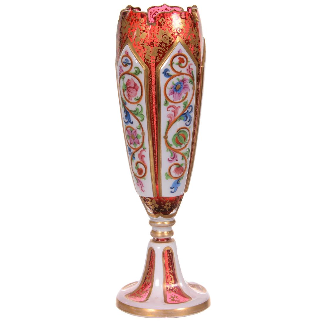 Bohemian Art Glass Pedestal Vase: Bohemian Art Glass Pedestal Vase 8" - Cranberry with White Cut Back Panels - Colorful Enamel Decor - Gold Stencil Highlights