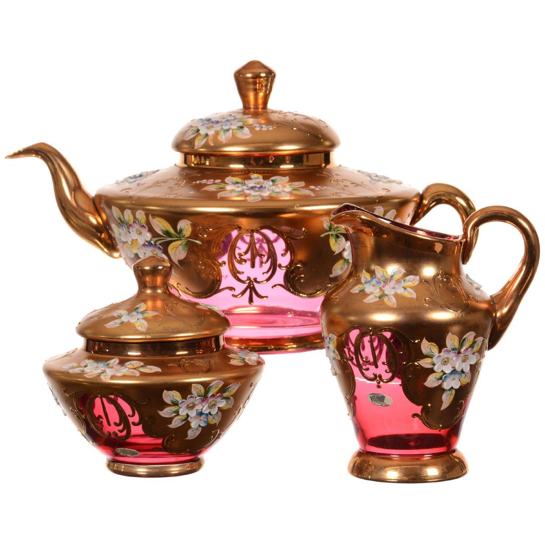 Eight Piece Bohemian Art Glass Tea Set (1 of 3)