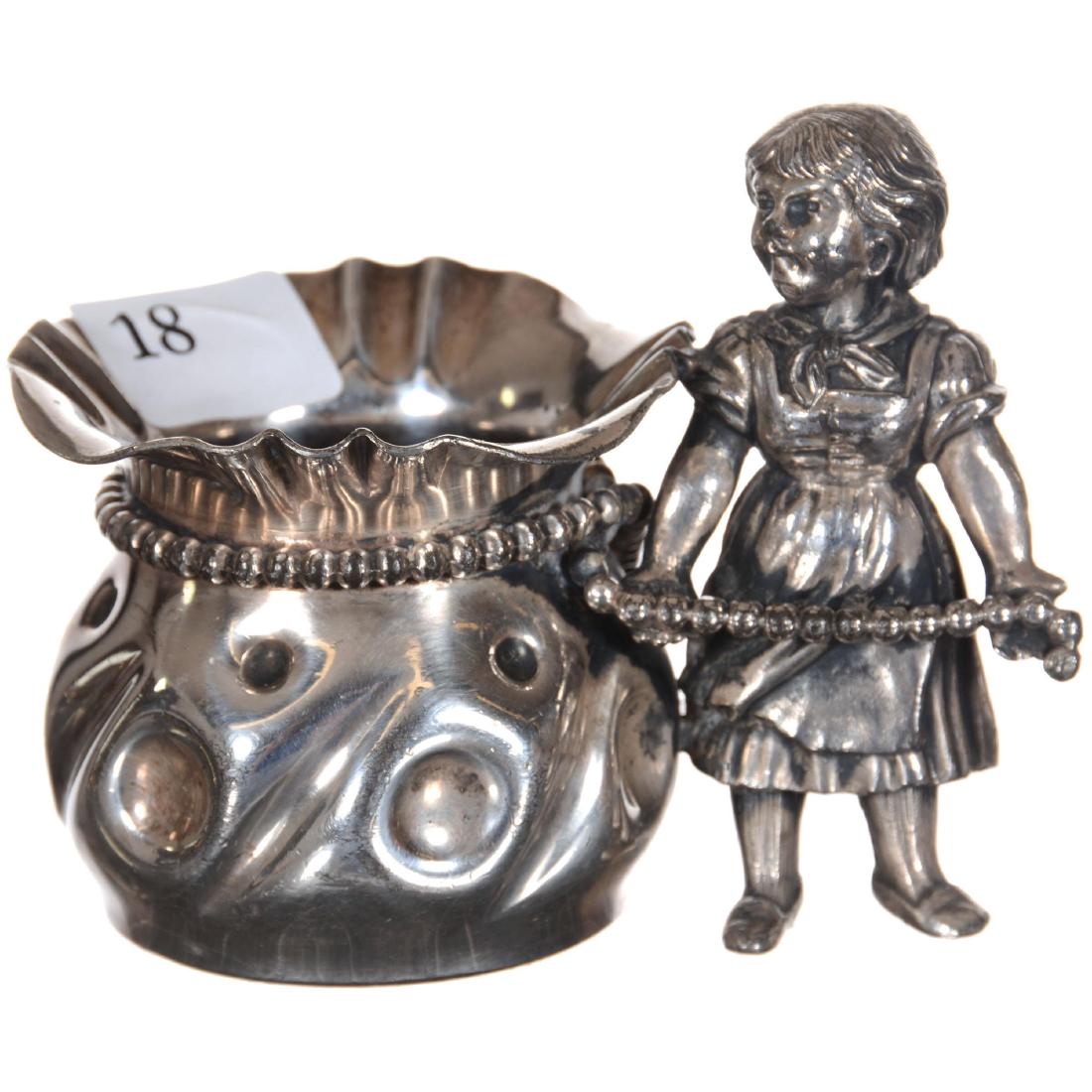 Silver-plate Toothpick Holder: 3" X 3.75" Silver-plate Toothpick Holder Rogers Smith #44 - Young Girl Standing Near Bag & Holding End Of Rope