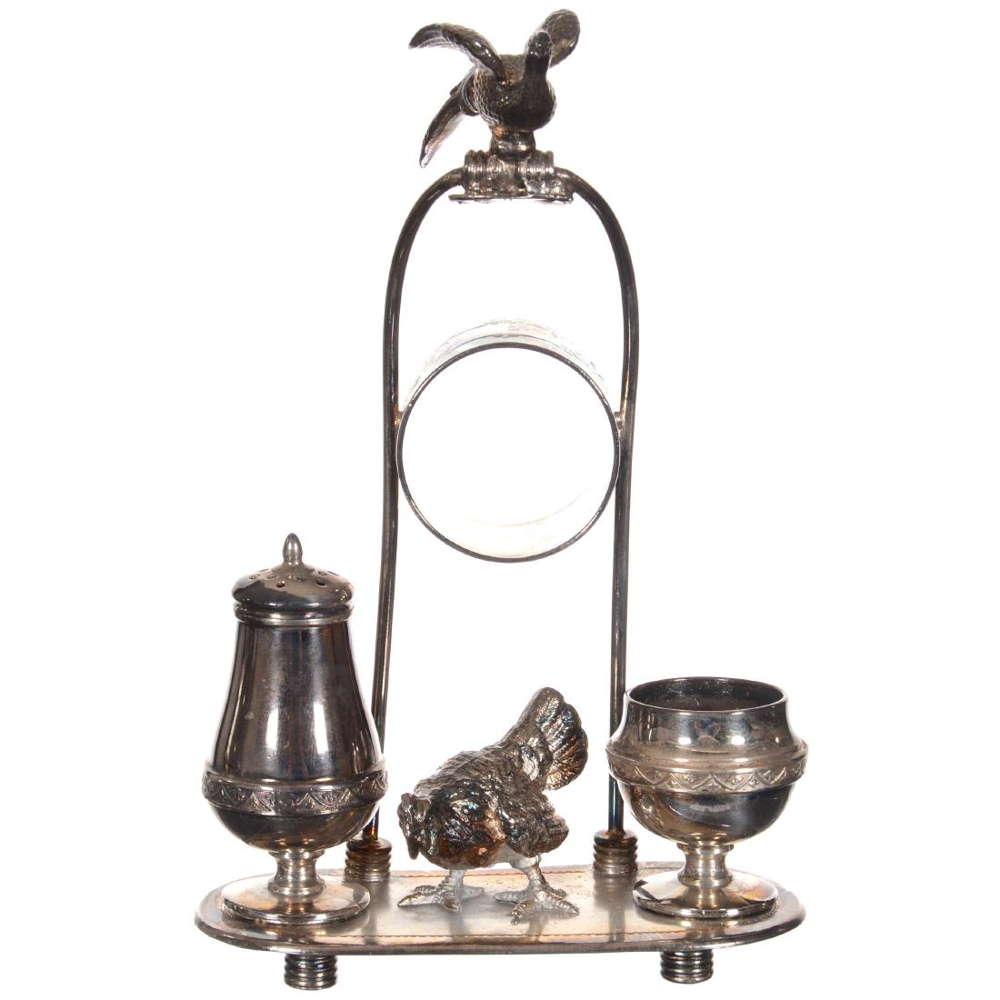 Condiment Set: 7.5" X 5" Condiment Set Aurora #362 Silver-plate Frame Featuring a Hen & Tropical Bird - Napkin Ring with Removable Salt & Pepper Shakers