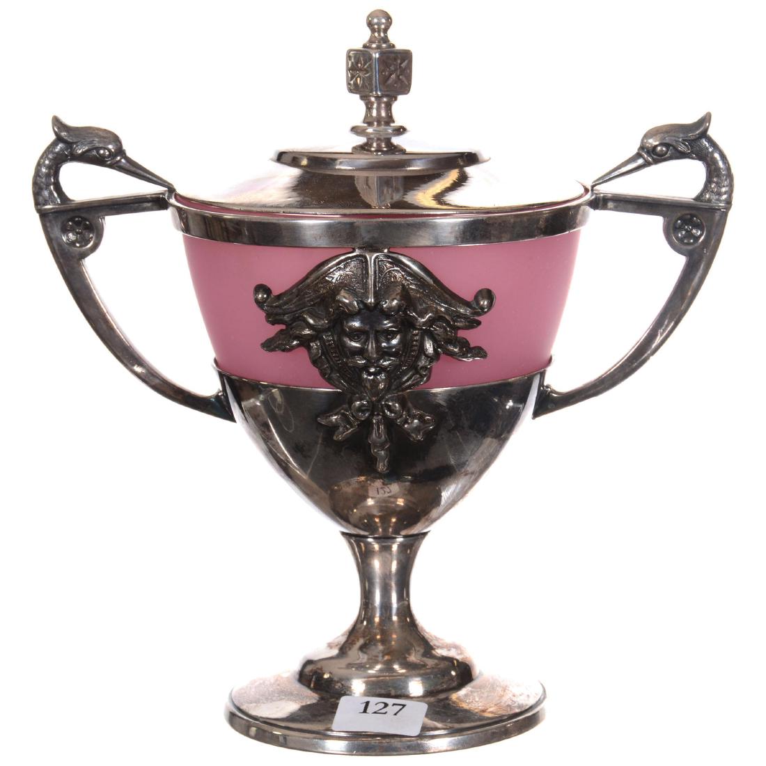Pedestal Victorian Sugar Bowl: 7" X 7" Pedestal Victorian Sugar Bowl Pink Opaque Art Glass Insert - Set on Meriden #14 Silver-plate Stand