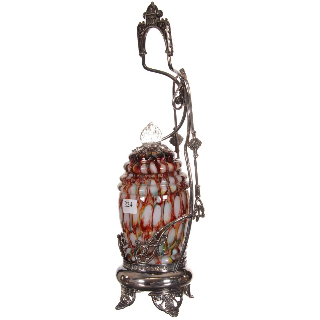 Pickle Castor: 13.75" Pickle Castor Cased Art Glass End of Day Insert with Matching Glass Lid - Set on Barbour Silver-plate Frame - Doesn't Fully Seat on Frame