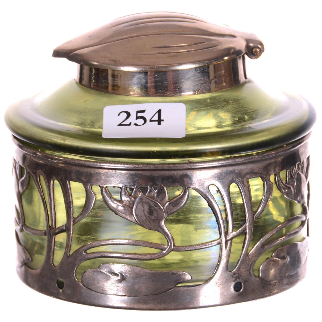 Green Iridescent Loetz Style Art Glass Inkwell (1 of 2)