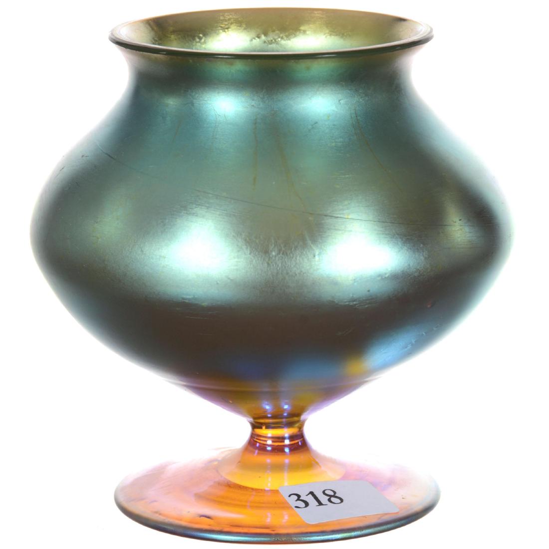 Unmarked Blue Iridescent Art Glass Pedestal Vase (1 of 3)