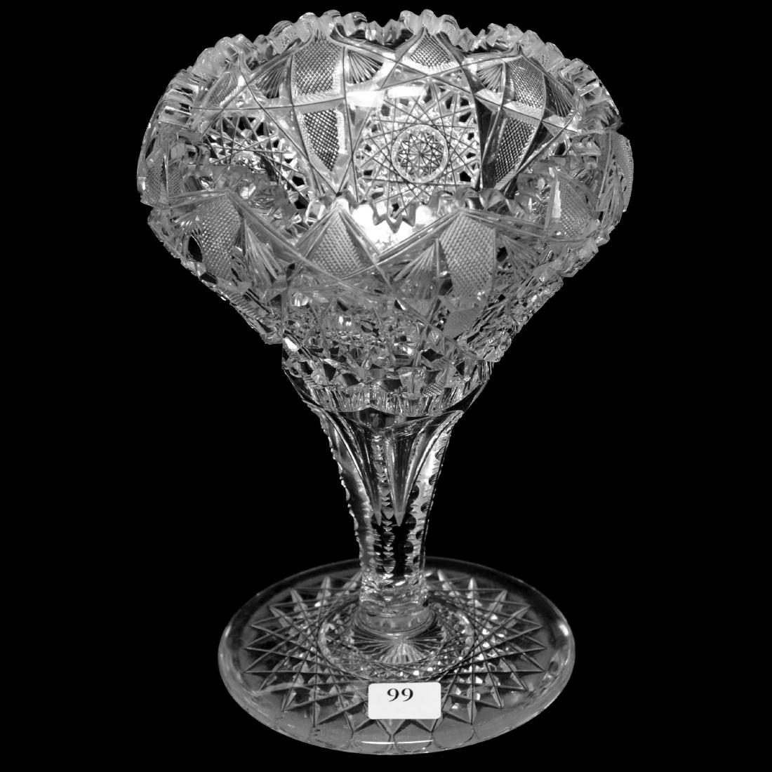 Tazza Vase - ABCG: Tazza Vase - ABCG 7.75" X 5.5" - Hobstar, File and Fan Motif Cut by Elmira - Hobstar Base - One Tooth Chip