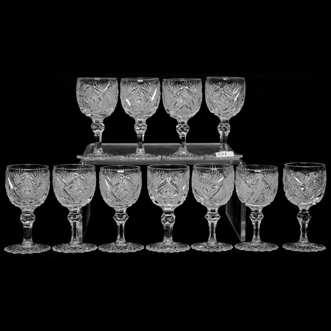 (11) Wine Glasses - ABCG: (11) Wine Glasses - ABCG 4" - Ribbon Star Pattern Attributed to Libbey - Scalloped Hobstar Base - Facet Cut Stem