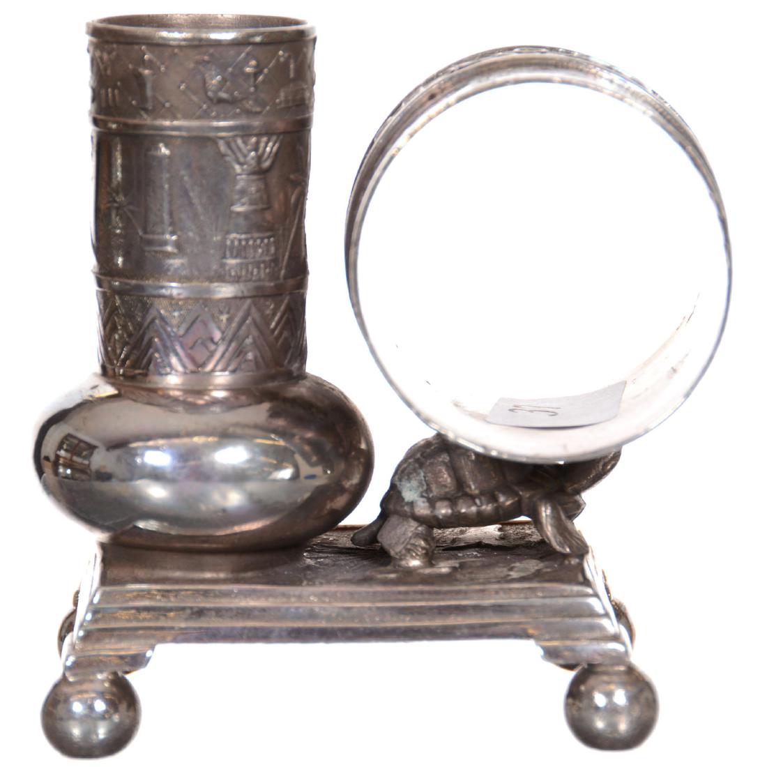 Victorian Silverplate Napkin Ring: Victorian Silverplate Napkin Ring with Bud Vase - 3.25" X 3.25" - Derby #342 - Bud Vase Has Egyptian Hieroglyphs - Ring Sits on Back of Turtle