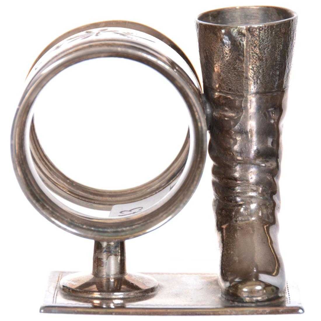Victorian Silverplate Napkin Ring: Victorian Silverplate Napkin Ring with Bud Vase - 2.75" X 2.75" - Aurora #65 - Vase Shaped Like Riding Boot