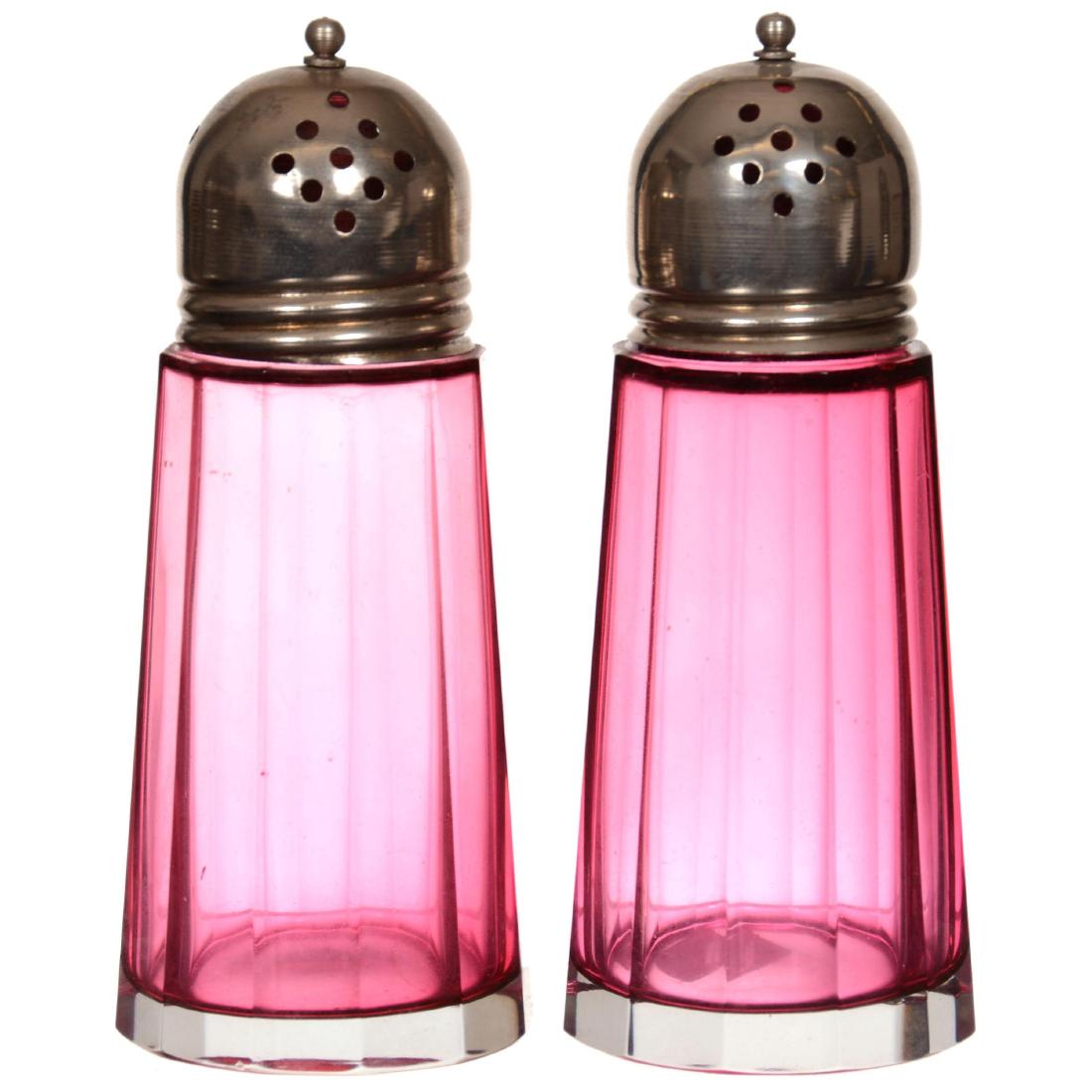 Pair Cranberry Art Glass Muffineers (1 of 2)