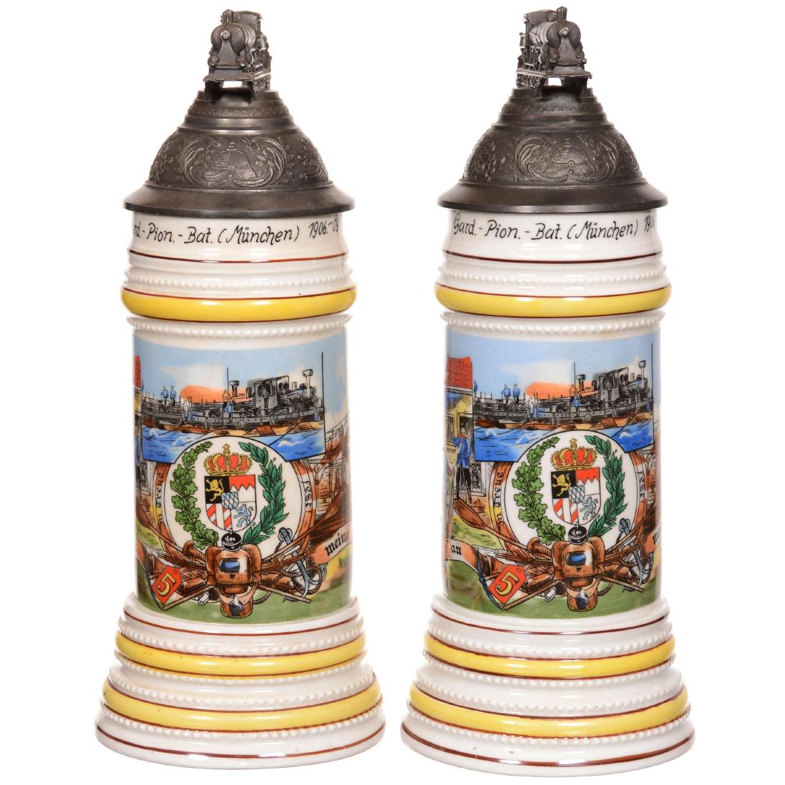 (2) German Regimental Steins with Train Pewter Lids and (1 of 4)