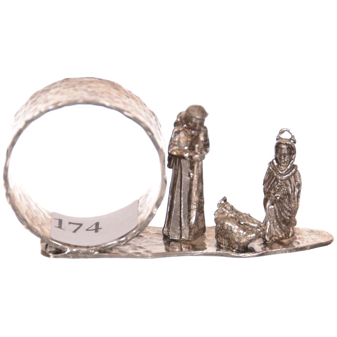Silverplate Napkin Ring: Silverplate Napkin Ring 1" X 3" - Unmarked - Nativity Scene with Mary and Joseph at Manger - Unknown Age