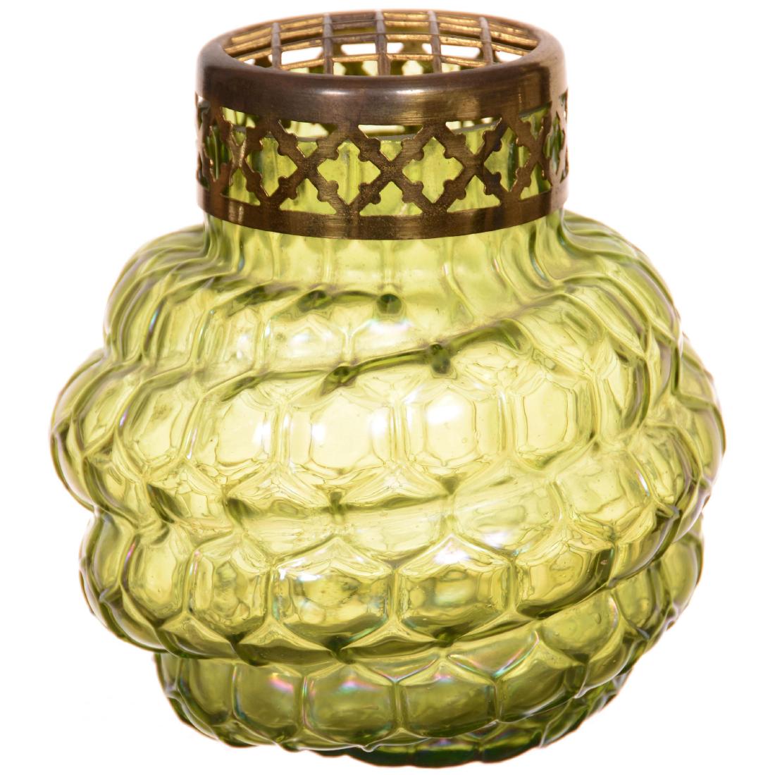 Art Glass Vase: Art Glass Vase 5" X 4.75" - Green Iridescent Honeycomb Spiral Mold - Gilt Metal Flower Frog Cap
