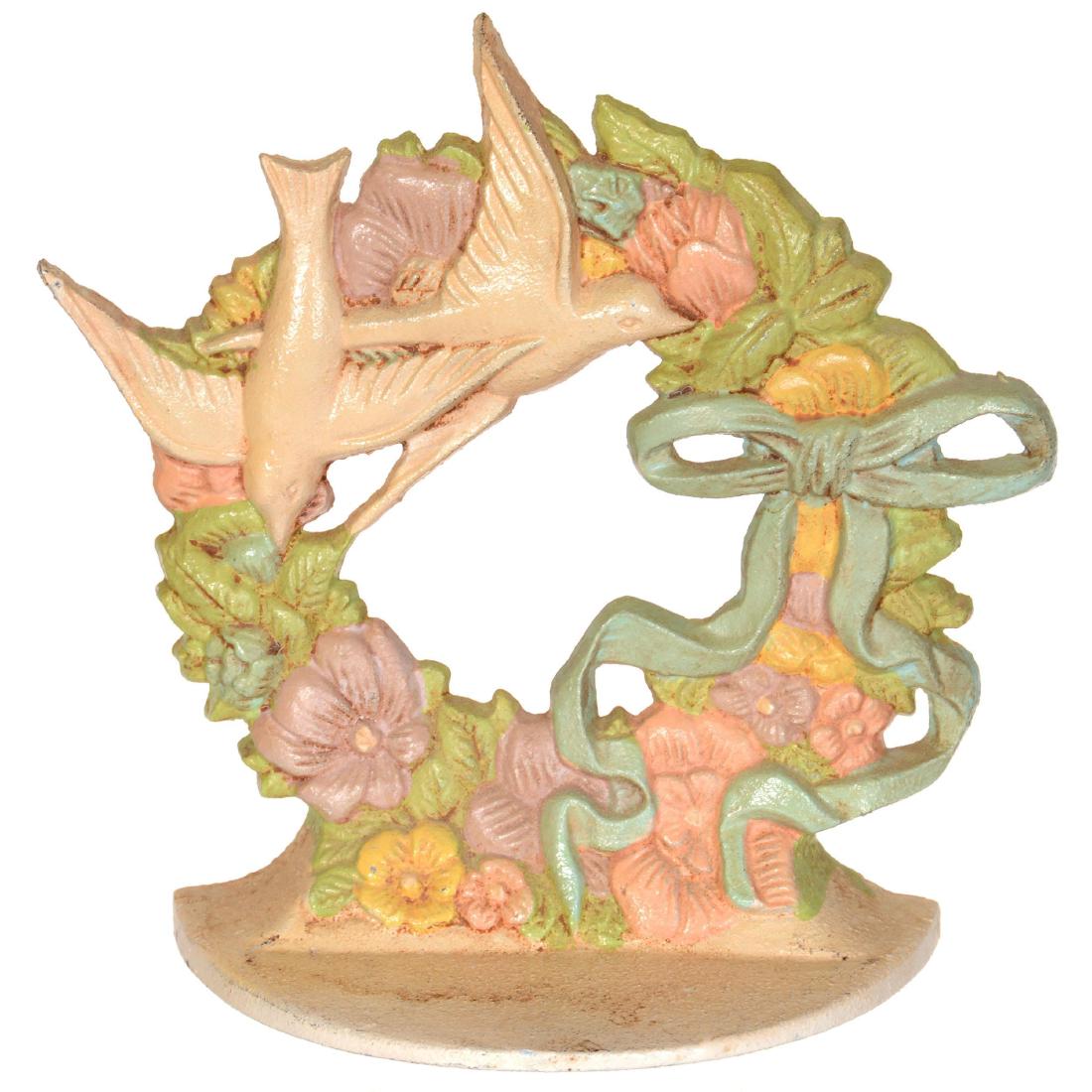 Cast Iron Door Stop: Cast Iron Door Stop 7" X 7.25" - Two White Doves and Colorful Floral Wreath with Ribbon - Impressed "Taiwan" On Back