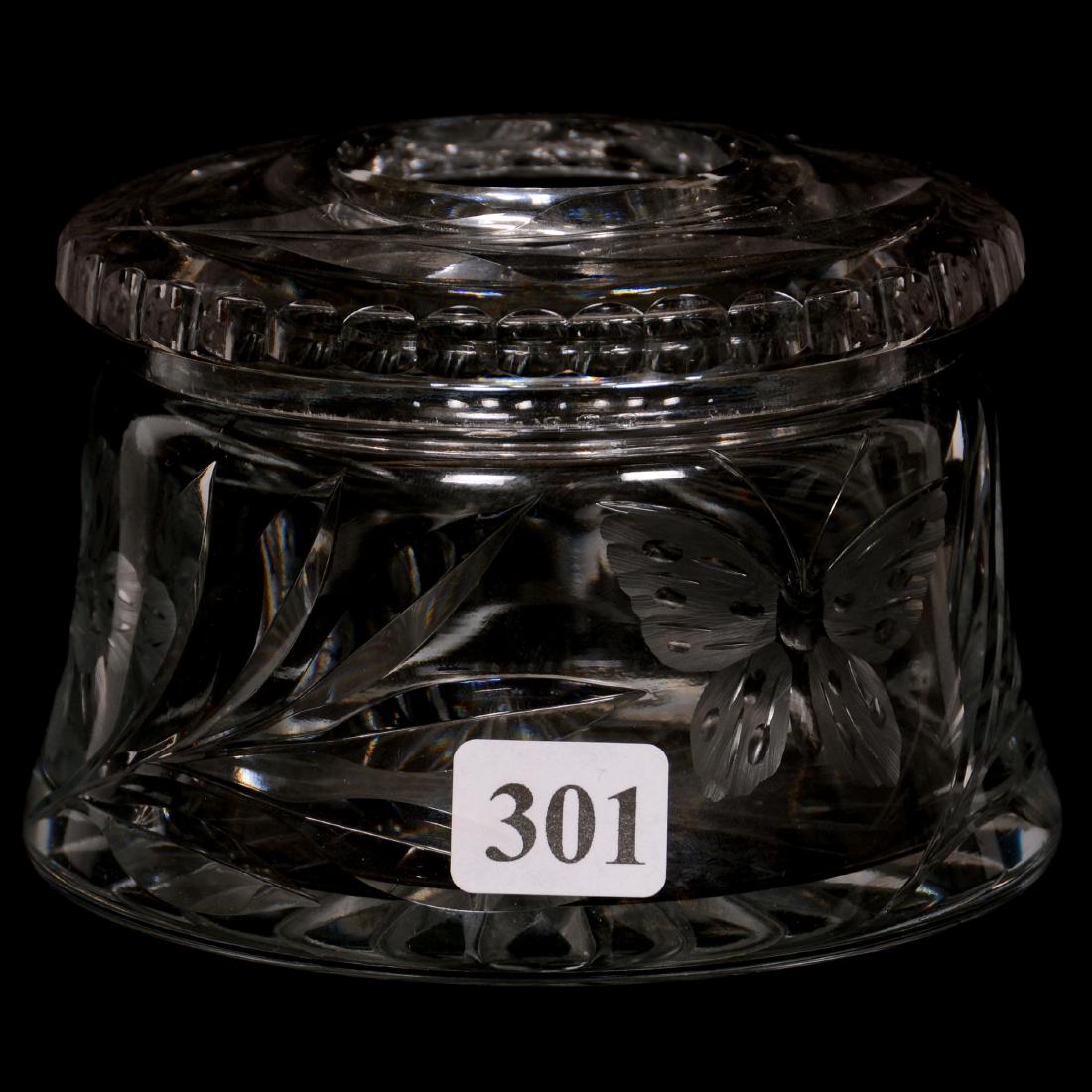 Hair Receiver, American Brilliant Cut Glass: Hair Receiver, American Brilliant Cut Glass 3" X 4" - Engraved Floral & Butterfly Motif - Attributed to Pairpoint