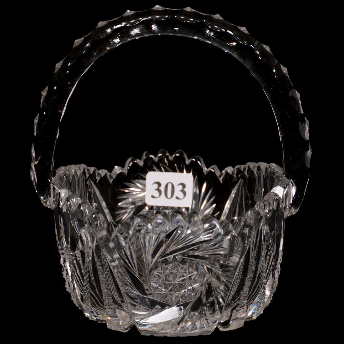 Basket, American Brilliant Cut Glass: Basket, American Brilliant Cut Glass 5.5" X 5" Signed Fry - Trojan Pattern - Triple Notched Handle