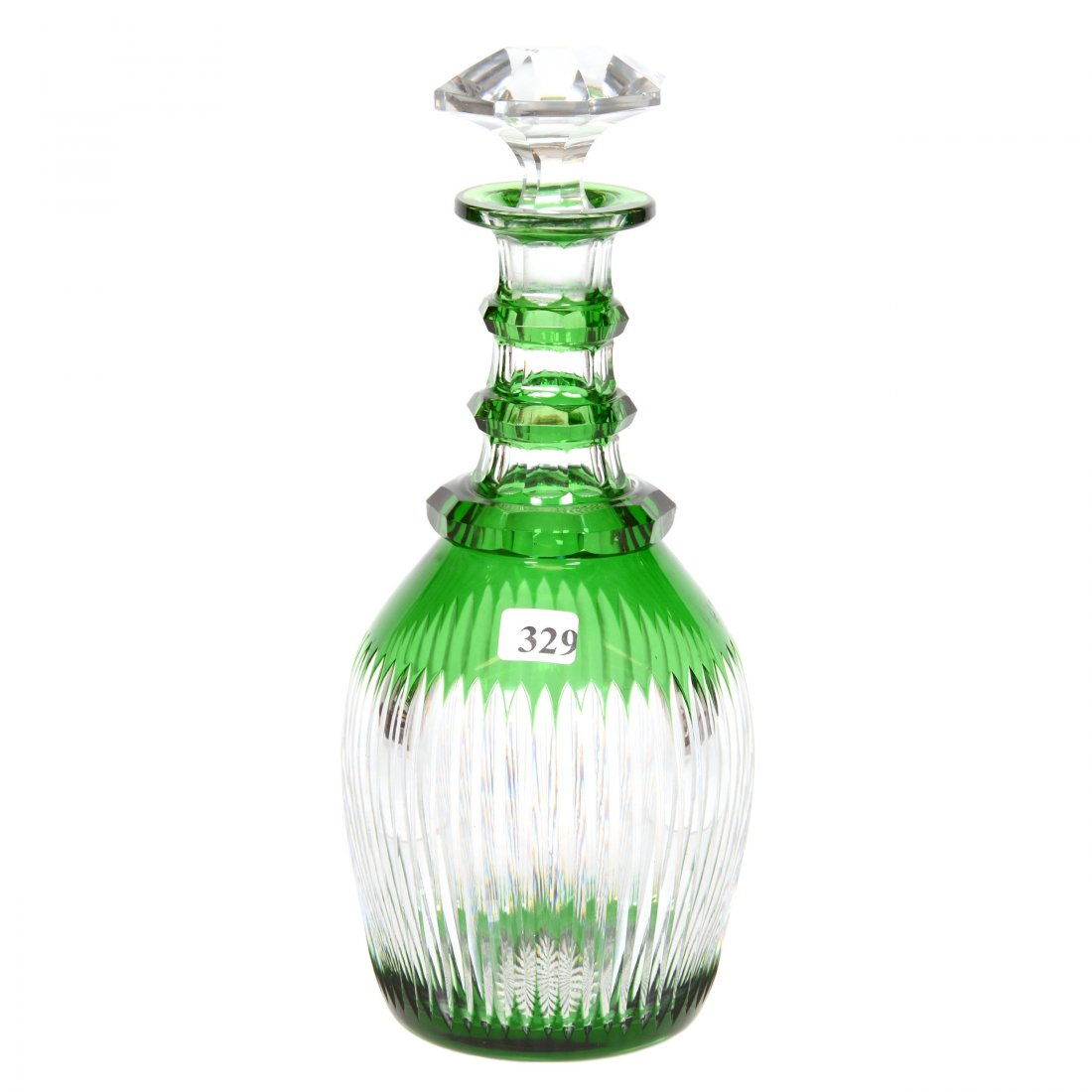 Decanter, American Brilliant Cut Glass: Decanter, American Brilliant Cut Glass 11.5" - Green Cut to Clear - Facet Cut Triple Ring Neck - Vertical Notched Design - Ray Cut Base