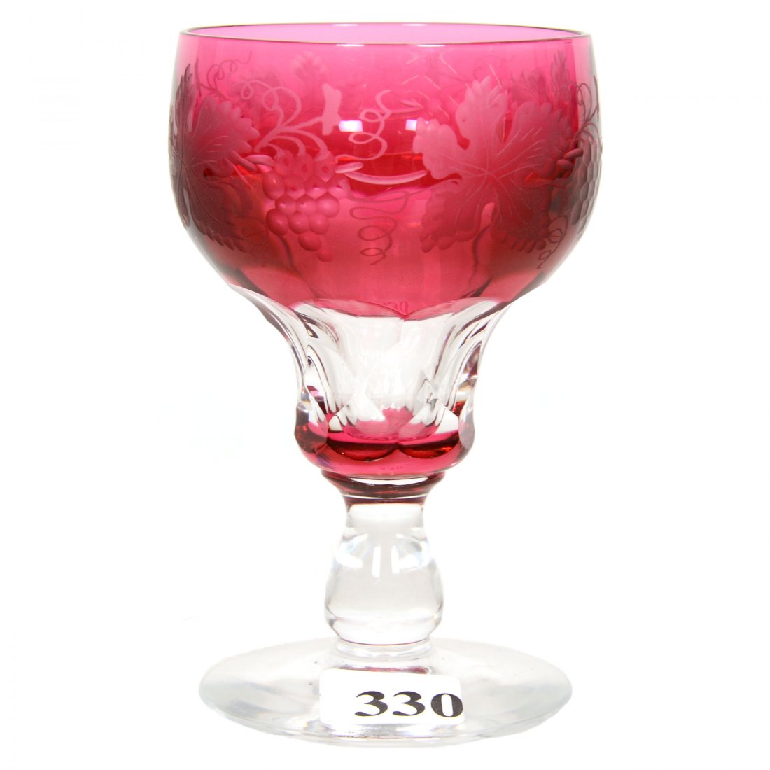 Wine Glass, American Brilliant Cut Glass: Wine Glass, American Brilliant Cut Glass 4.25" - Cranberry Cut to Clear - Engraved Vintage Motif - Attributed to Pairpoint