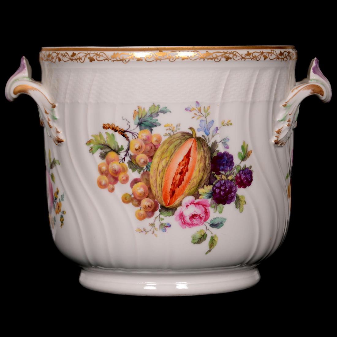 Marked "KPM" Porcelain Hand Painted Two-Handled Jardini: Marked "KPM" Porcelain Hand Painted Two-Handled Jardiniere 6.75" X 7" - Colorful Fruit Decor on White - Model #3686