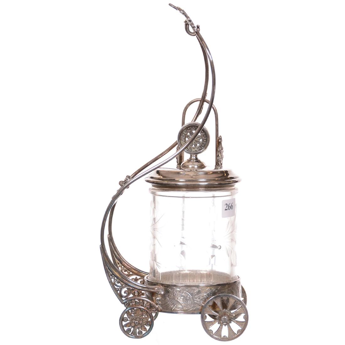 Victorian Pickle Castor: Victorian Pickle Castor 11.5" - Clear Floral Engraved Art Glass Insert - Set on Hartford #823 Silverplate Figural Cart Like Stand