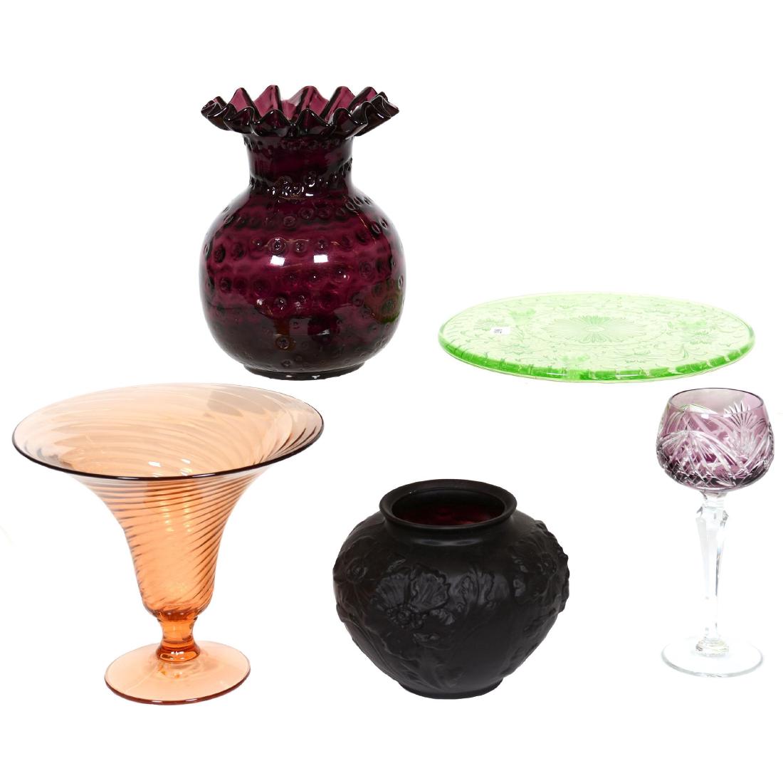 (5) Assorted Art Glass Items: (5) Assorted Art Glass Items (1) 8.5" Amethyst Reverse Hobnail Ruffled Vase - (1) 7.25" X 8.25" Amber Swirl Tazza - (1) 5.25" X 6" Dark Amethyst Satin Vase with Embossed Poppy Motif - (1) 7.75" Rhine 