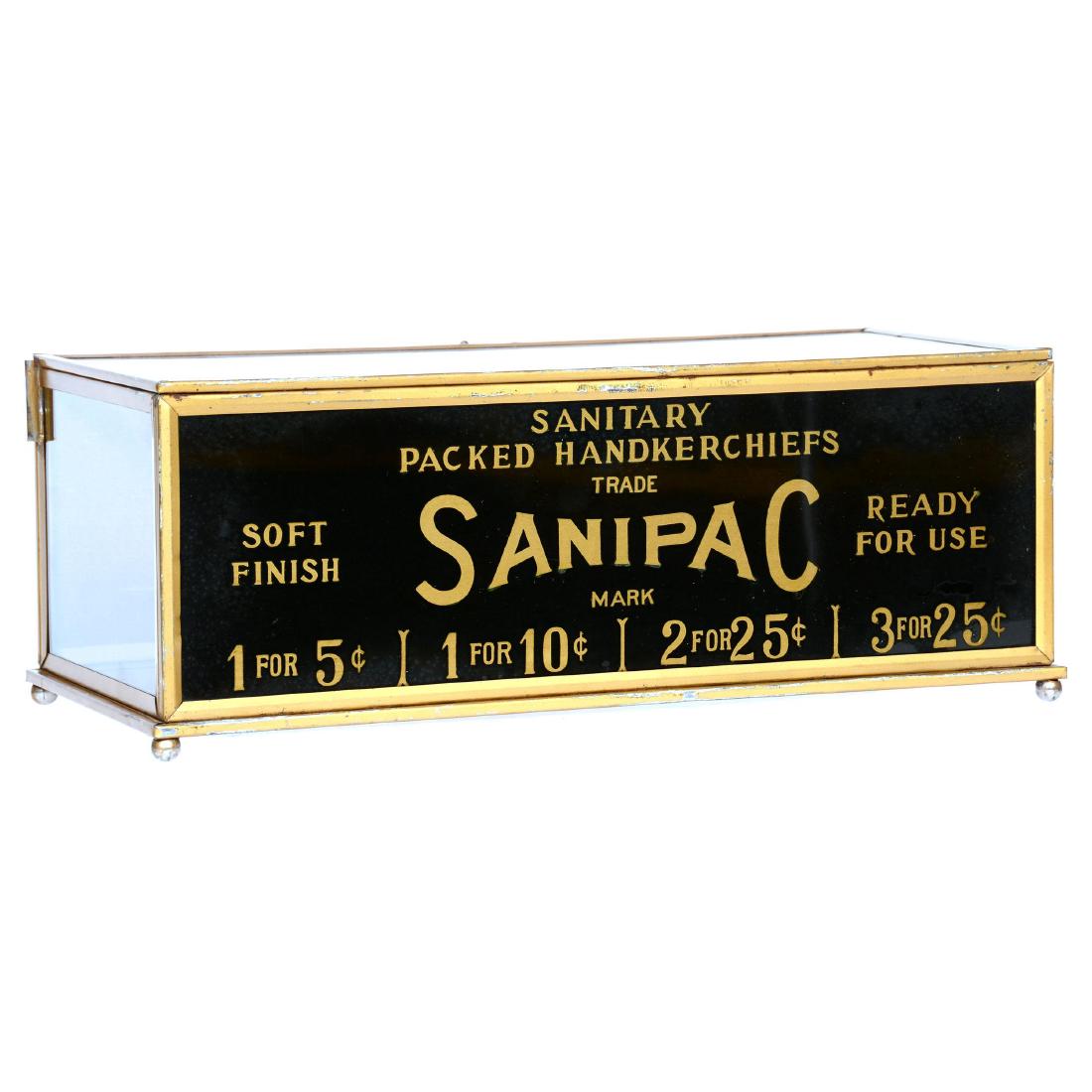 Advertising Counter Top Display Cabinet: Advertising Counter Top Display Cabinet 6.25" X 16.5" X 8" Sanipac Sanitary Packed Handkerchiefs - Gilt Metal Frame, Drop Down Door, Metal Partitions
