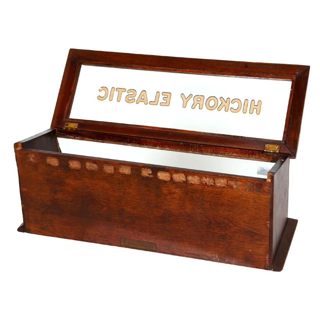 Advertising Counter Top Display Cabinet: Advertising Counter Top Display Cabinet 7.5" X 18" X 6" Hickory Elastic - Wood Case W/ Two Glass Panels, Stenciled Measurement Sizes From 1/4" To 1 1/4"