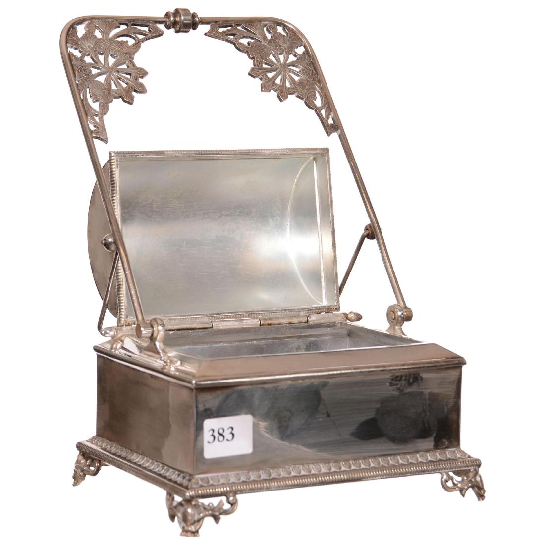 Victorian Mechanical Jewelry Casket: Victorian Mechanical Jewelry Casket 9.5" X 5.75" - Wilcox #1951 Silverplate - Push Handle Back and Lid Raises