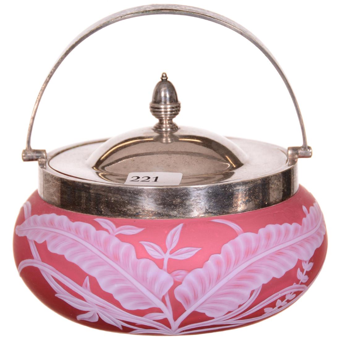 English Cameo Art Glass Sweetmeat: English Cameo Art Glass Sweetmeat - 4" X 5" Cranberry Body with Cameo Carved White Overlay of Fern and Leaf Design - Silverplate Lid and Bail