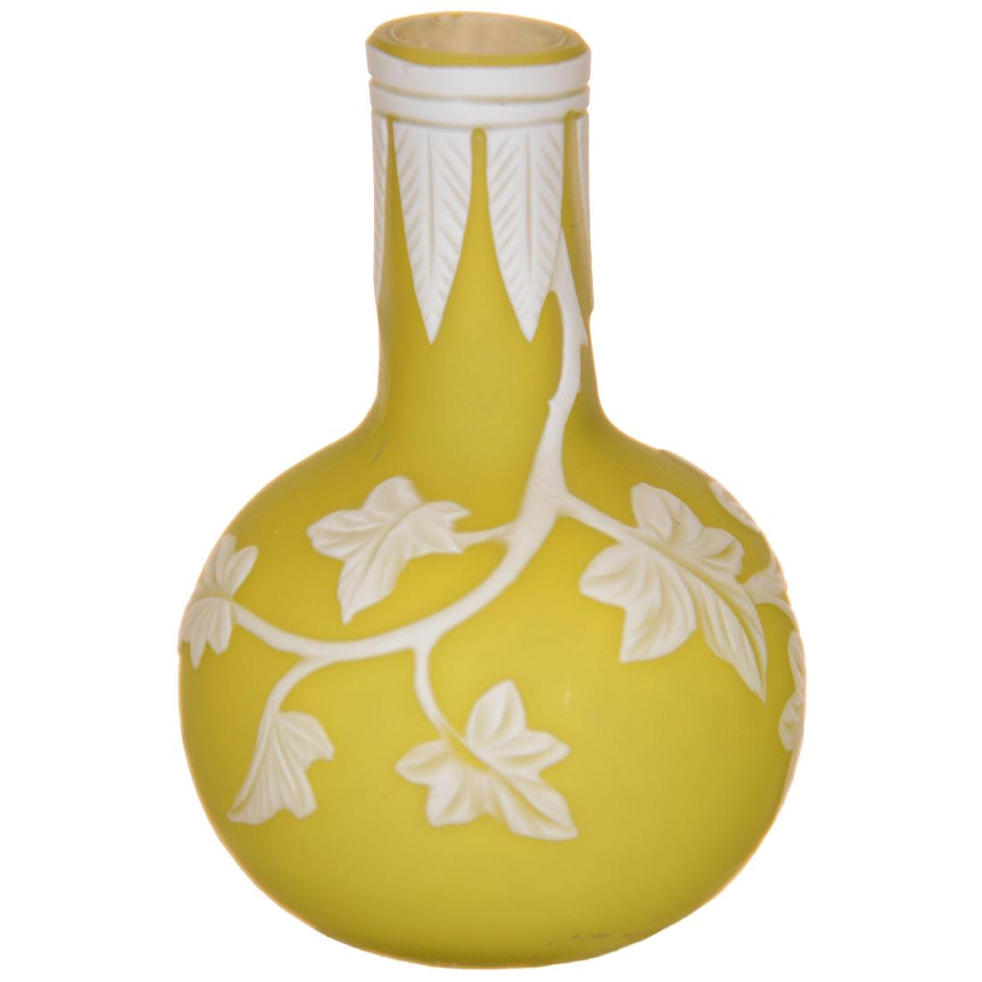 English Cameo Art Glass Miniature Vase: English Cameo Art Glass Miniature Vase - 2.25" Unmarked Thomas Webb & Sons, Yellow Background with Quality Carved White Cameo Overlay with Vine Highlights - Nice!
