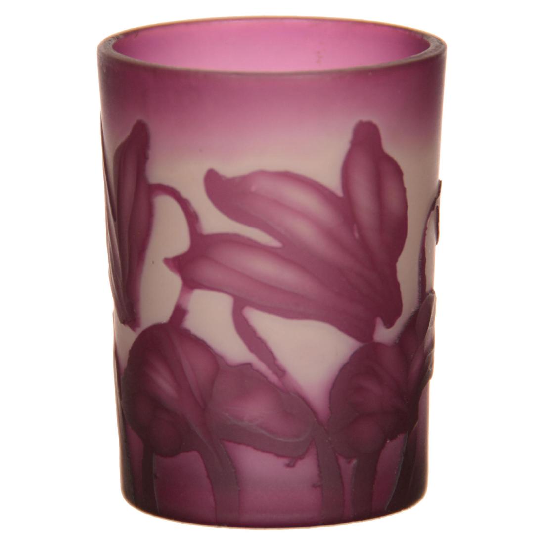 French Cameo Art Glass Shot Glass: French Cameo Art Glass Shot Glass - 1.75" Lavender and Frosted Background with Frosted Cameo Carved Overlay - Signed "Crestiere Nancy" - Nice Quality