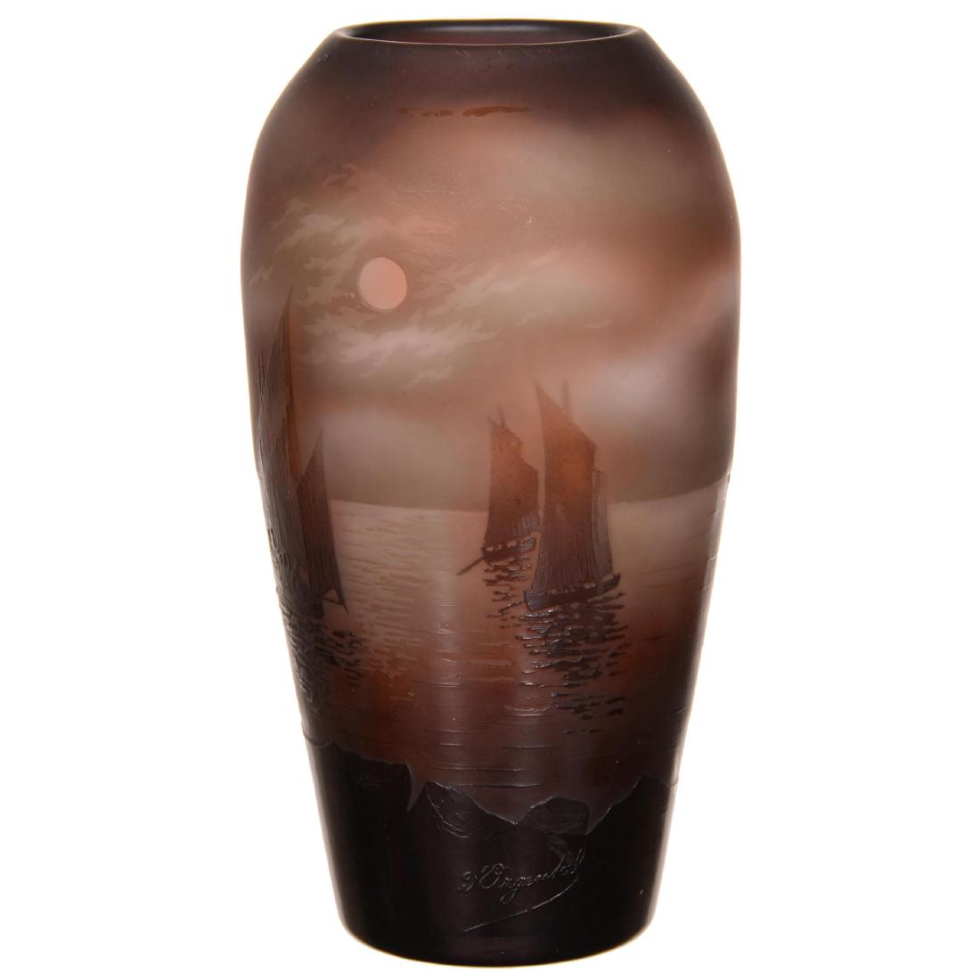 French Cameo Art Glass Vase: French Cameo Art Glass Vase - 7" Signed D'Argental - Night Scene of Sailboat on Water - Base Has Been Drilled for Lamp