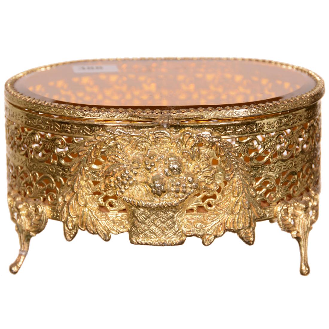 Jewel Box: Jewel Box - 3.25" X 6" Gilt Metal Filigree with Basket and Wreath Design - Amber Beveled Glass Lid - Gilt Metal Feet