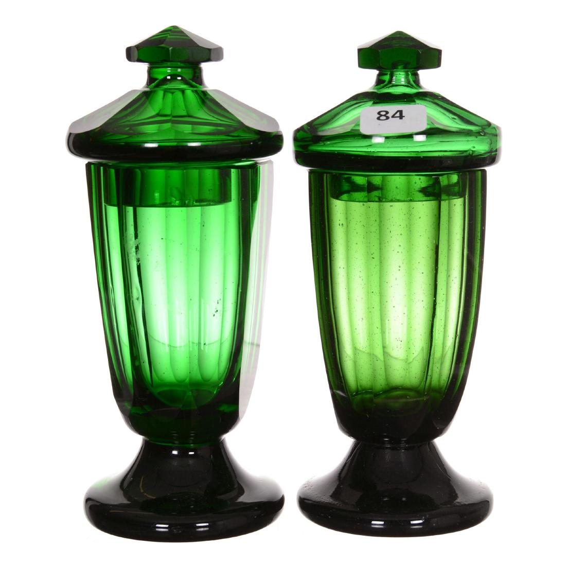 Pair Emerald Green Art Glass Covered Jars (1 of 2)