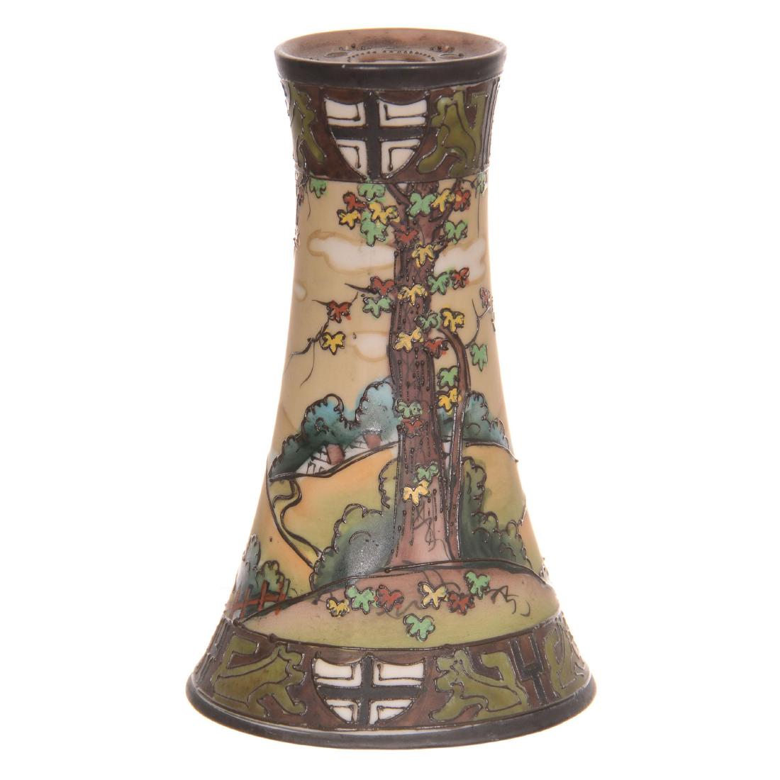 Nippon Hatpin Holder: Nippon Hatpin Holder - 4.5" - Blue Wreath Mark - Stylized Field Scenic Decor - Border Has Lion Crest Emblems
